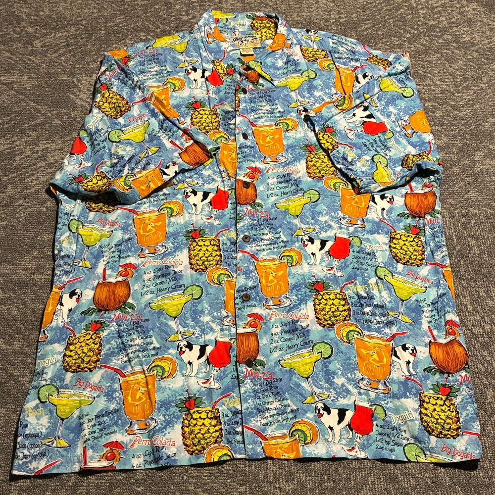Big Dogs Hawaiian Shirt Men's 2X Cocktail Recipe Print Rayon Mutt-Tai
